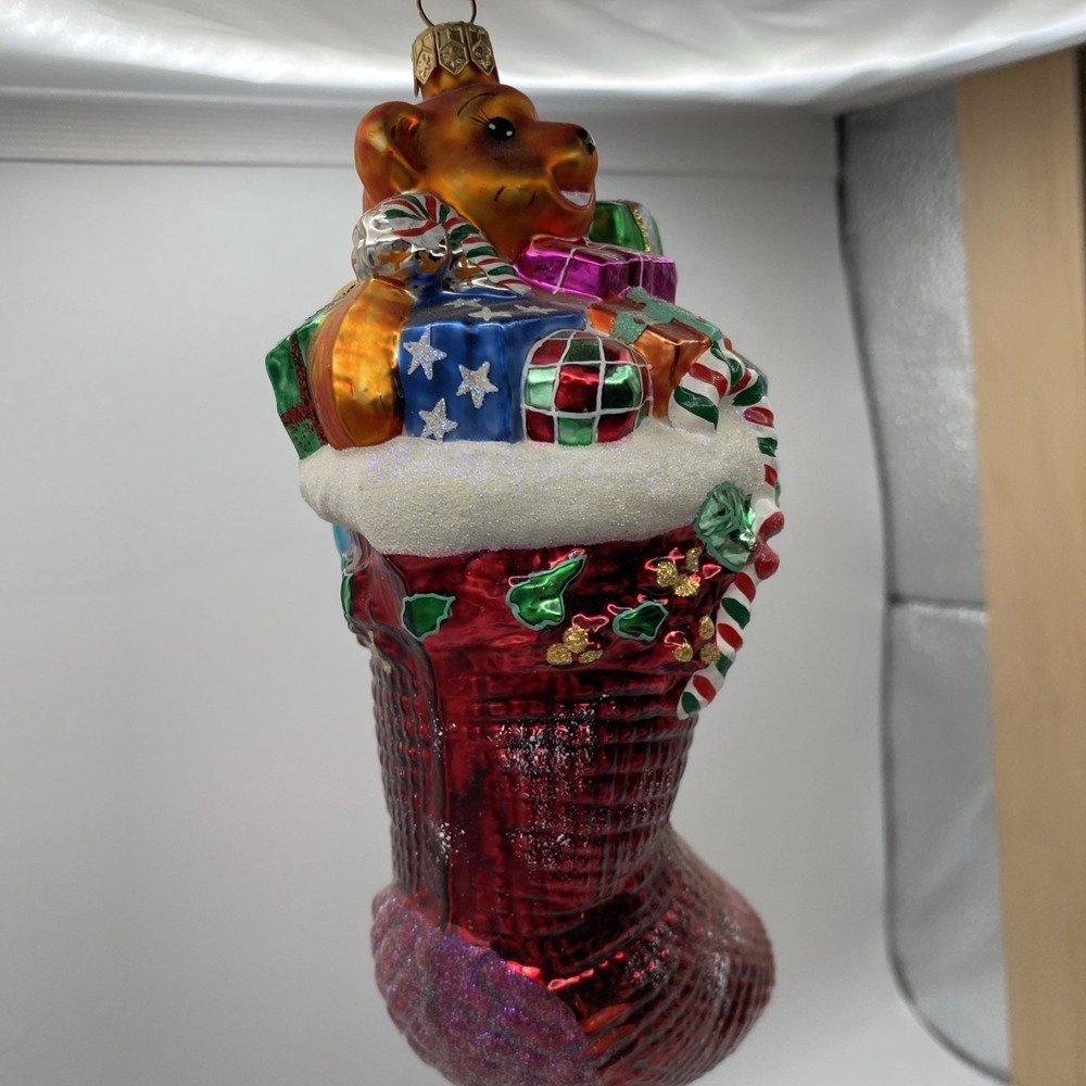 Radko Christmas Stocking Glass Ornament Red Teddy Bear Horn Gifts - Picture 9 of 16
